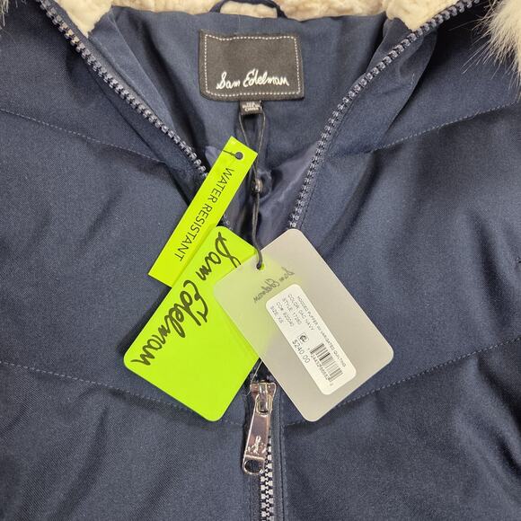 NWT Sam Edelman Women’s Dark Blue Puffer Jacket Fur Hooded Quilted Size XS Coat - Picture 2 of 13